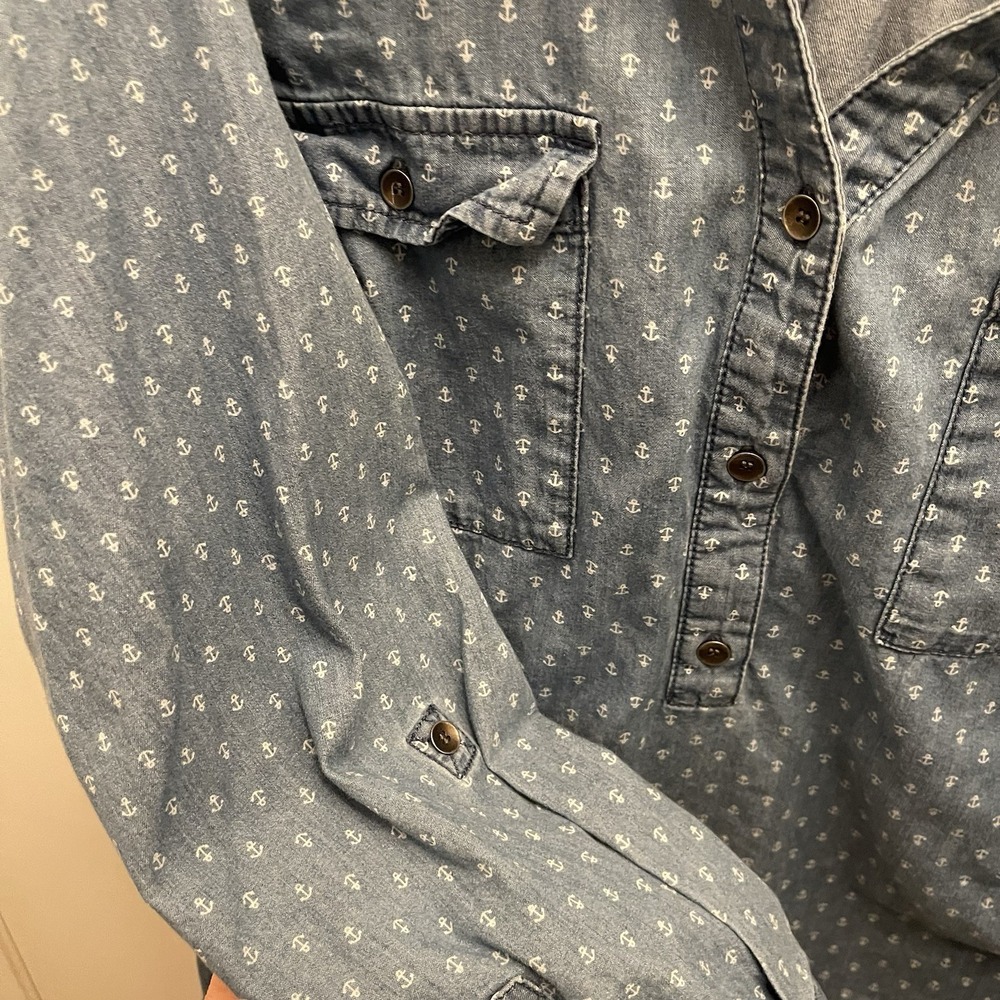 CJ Banks Popover Denim‎ Chambray Blouse Top Womens 1X Collared Anchor Nautical - Picture 3 of 8